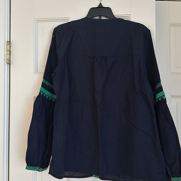 J. Crew Navy & Green Blouse with Tassles - Picture 2 of 5